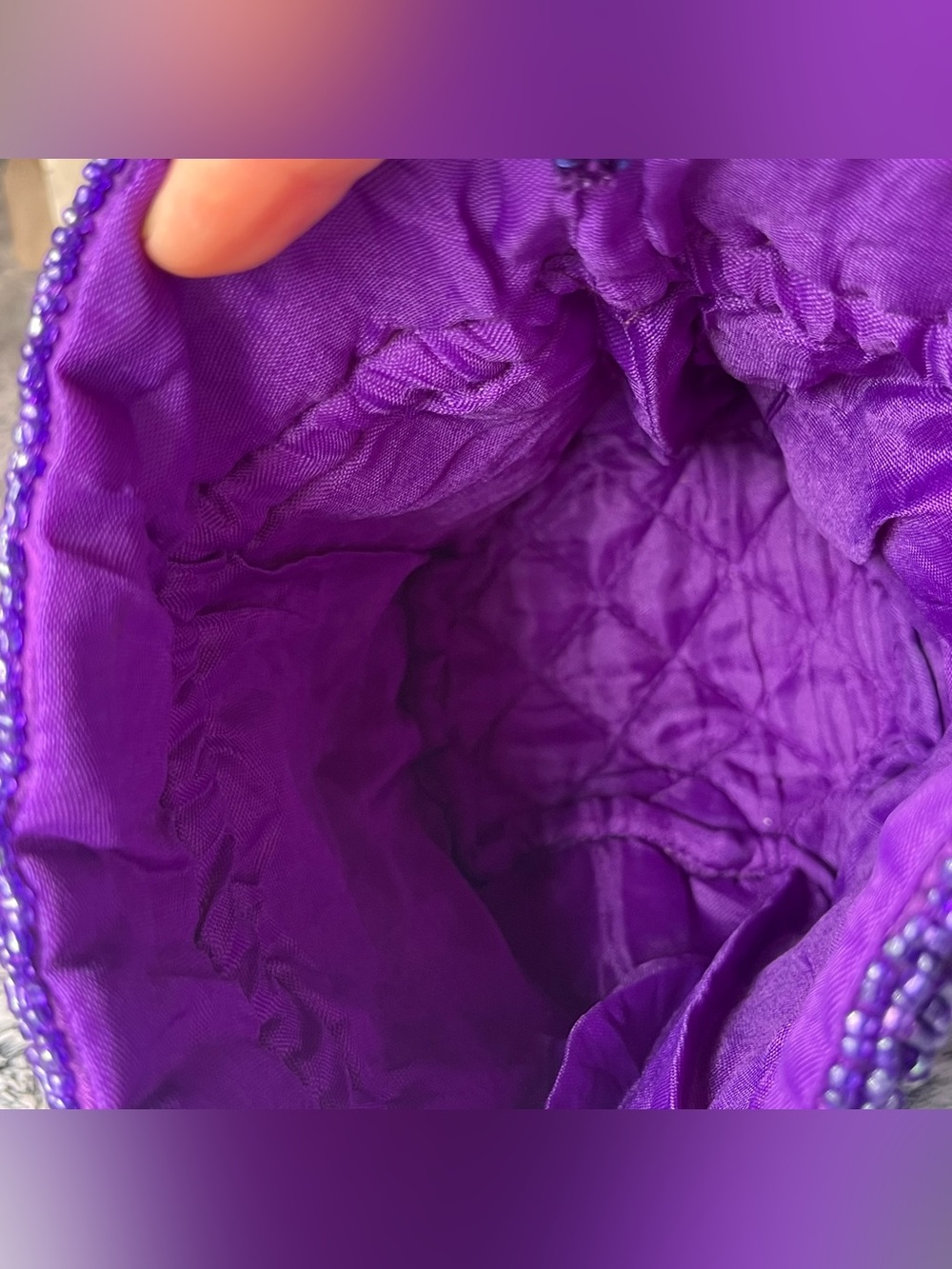 Artisan Purple Glass Beaded Drawstring Bucket Bag, Hand Embellished - Picture 11 of 15